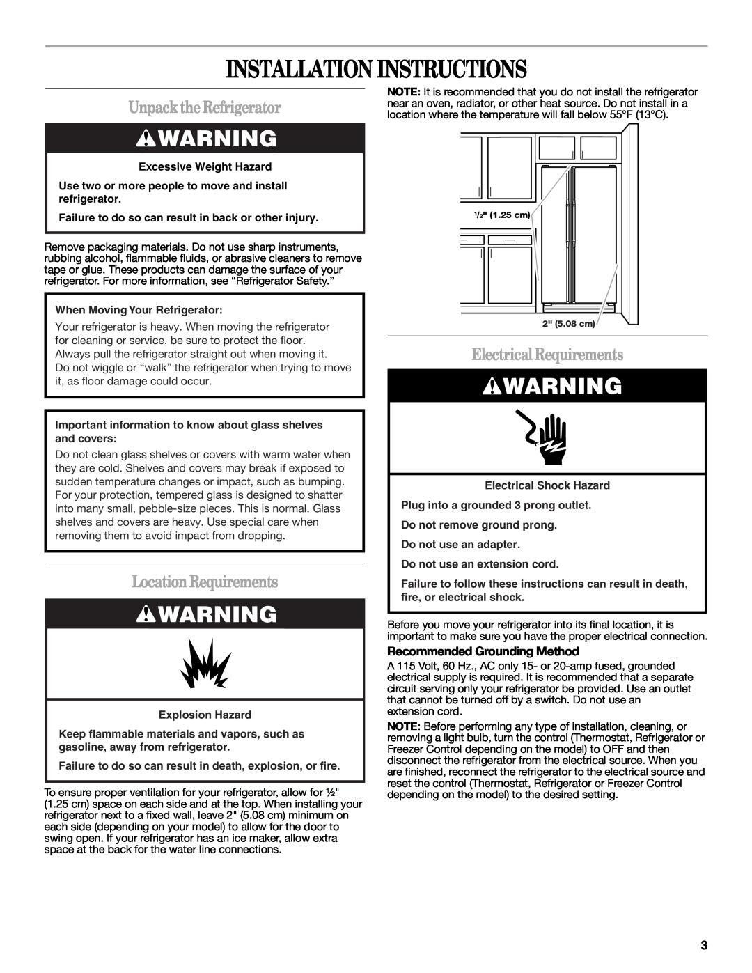 Whirlpool ED2PHEXNT00 Installation Instructions, UnpacktheRefrigerator, LocationRequirements, Electrical Requirements 
