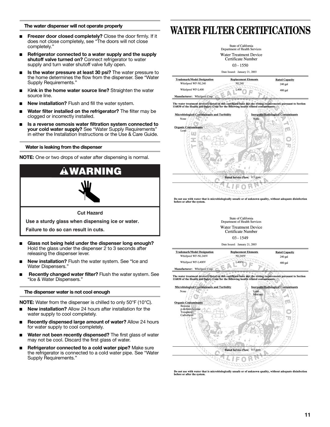 Whirlpool ED5JHGXRB01 Water dispenser will not operate properly, Is a reverse osmosis water filtration system connected to 