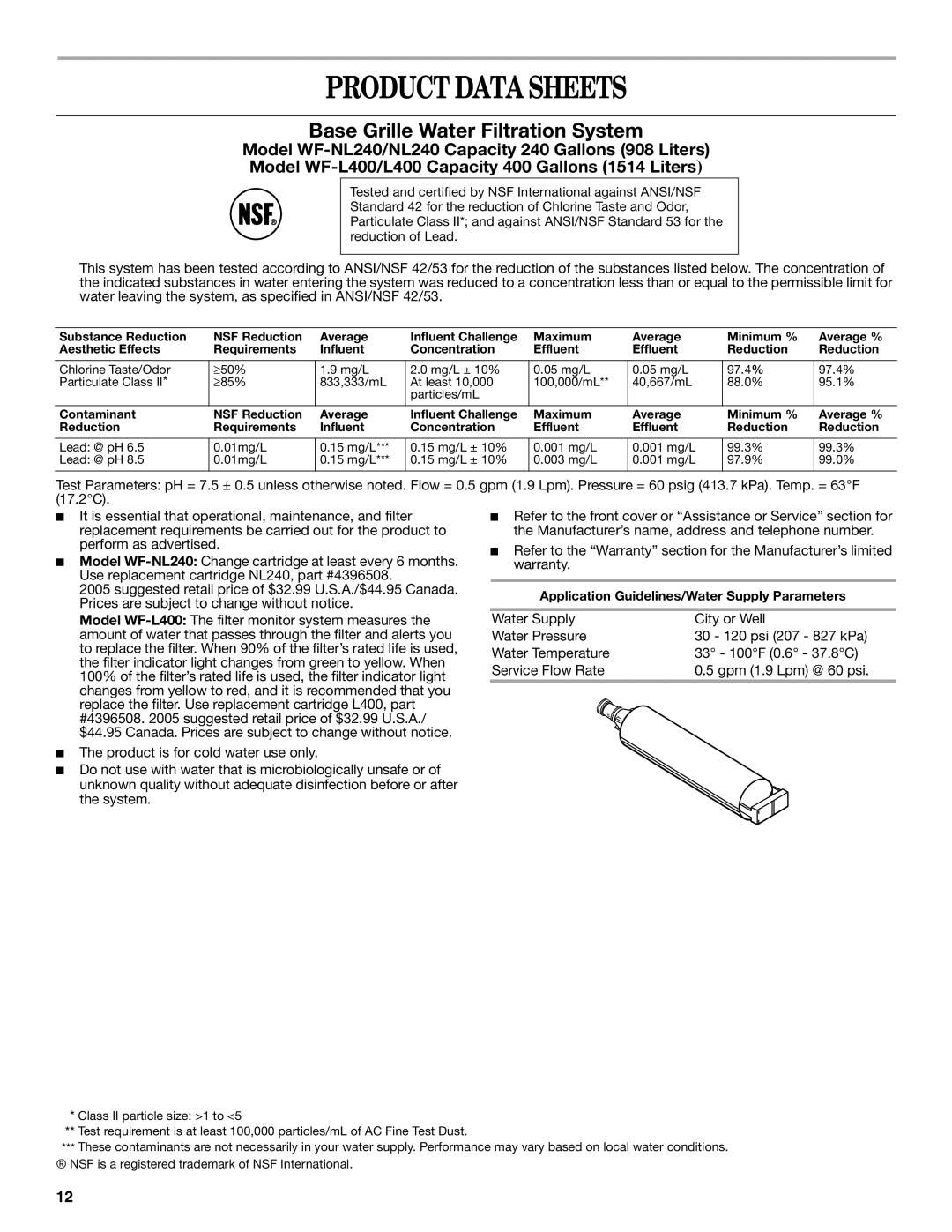 Whirlpool ED5LHAXMB11, ED2SHAXMB10, ED2SHAXMQ10, ED2JHGXRT00 warranty Product Data Sheets, Base Grille Water Filtration System 