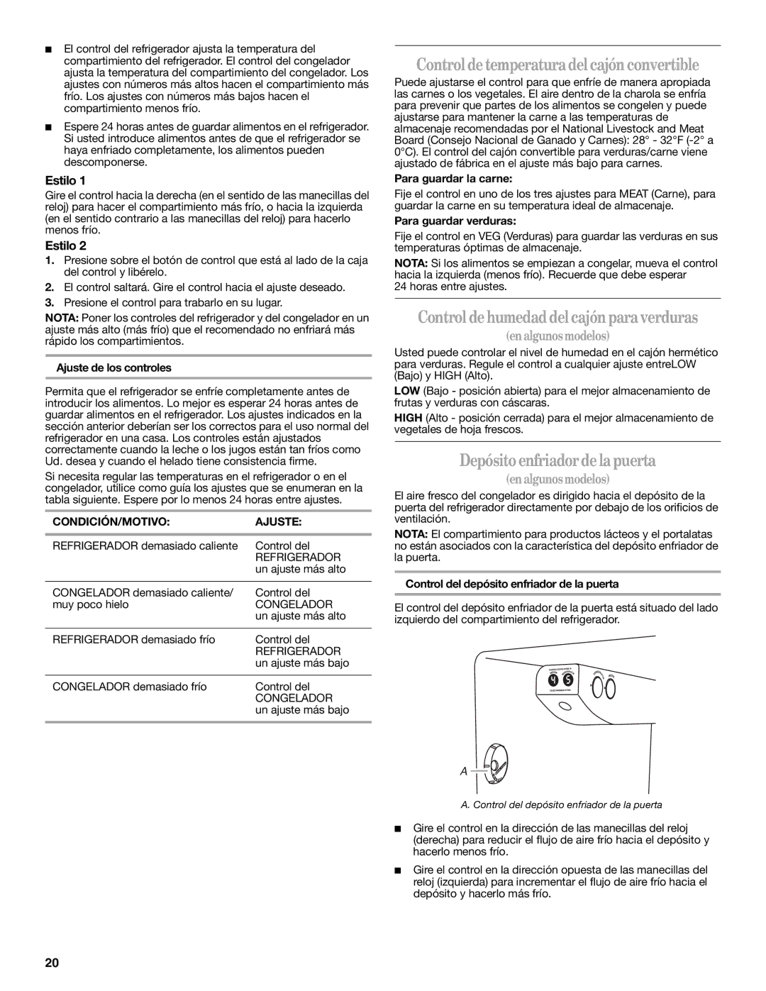 Whirlpool ED5JHGXRL01, ED2SHAXMB10 Controldetemperaturadelcajón convertible, Control dehumedaddel cajón paraverduras 