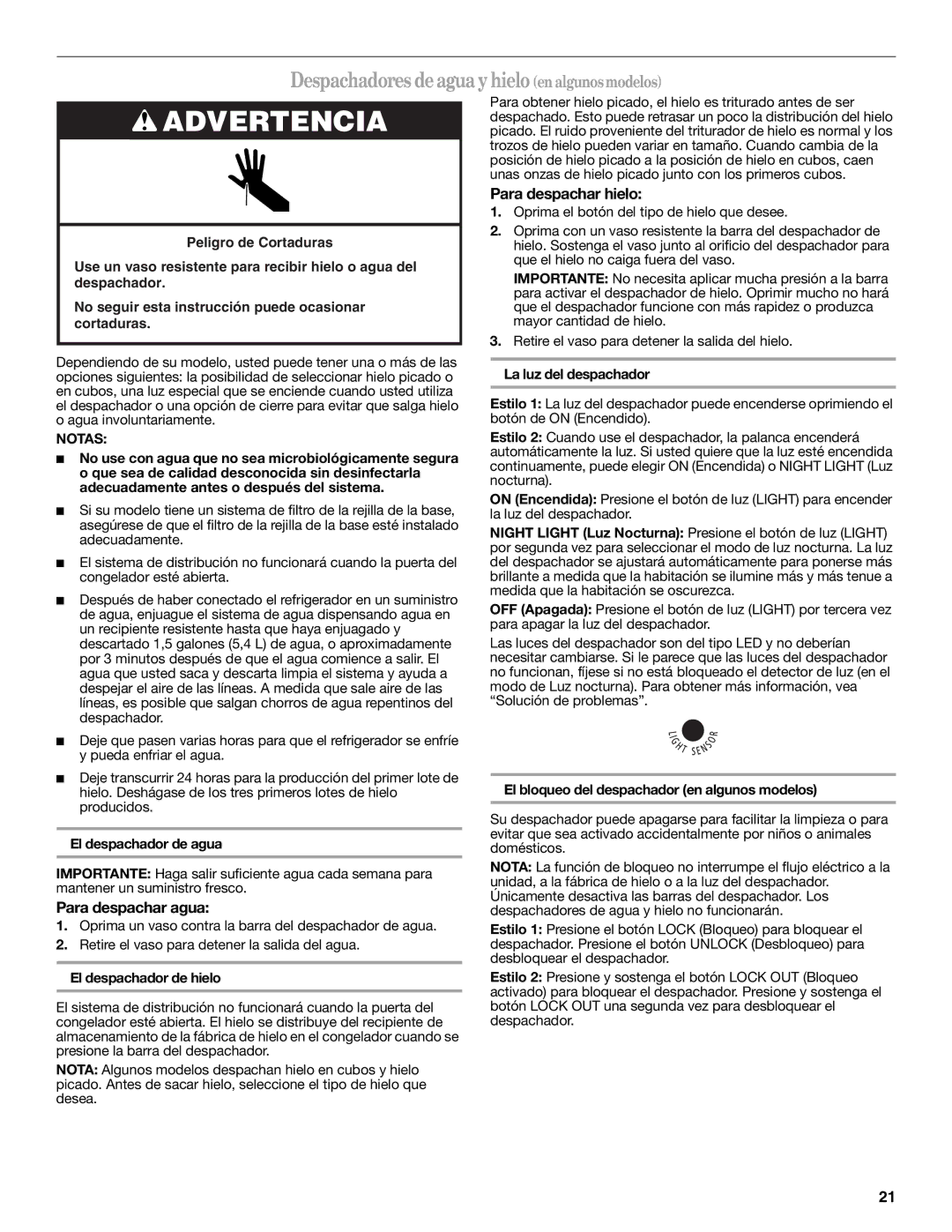 Whirlpool ED5NHAXNT01 Despachadores deagua yhieloenalgunosmodelos, Para despachar agua, Para despachar hielo, Notas 