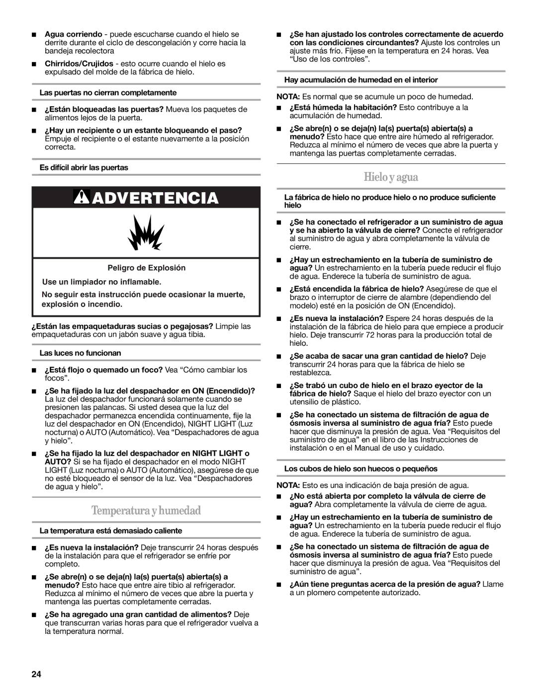 Whirlpool ED5NHEXNQ00, ED2SHAXMB10 Temperaturayhumedad, Hieloyagua, Nota Es normal que se acumule un poco de humedad 