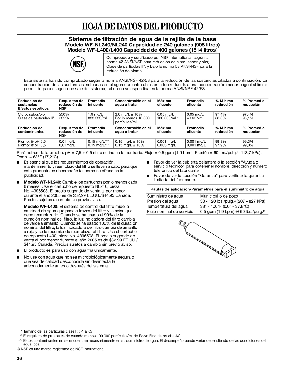 Whirlpool ED5SHAXML10, ED2SHAXMB10 warranty Hoja DE Datos DEL Producto, El producto es para uso con agua fría únicamente 