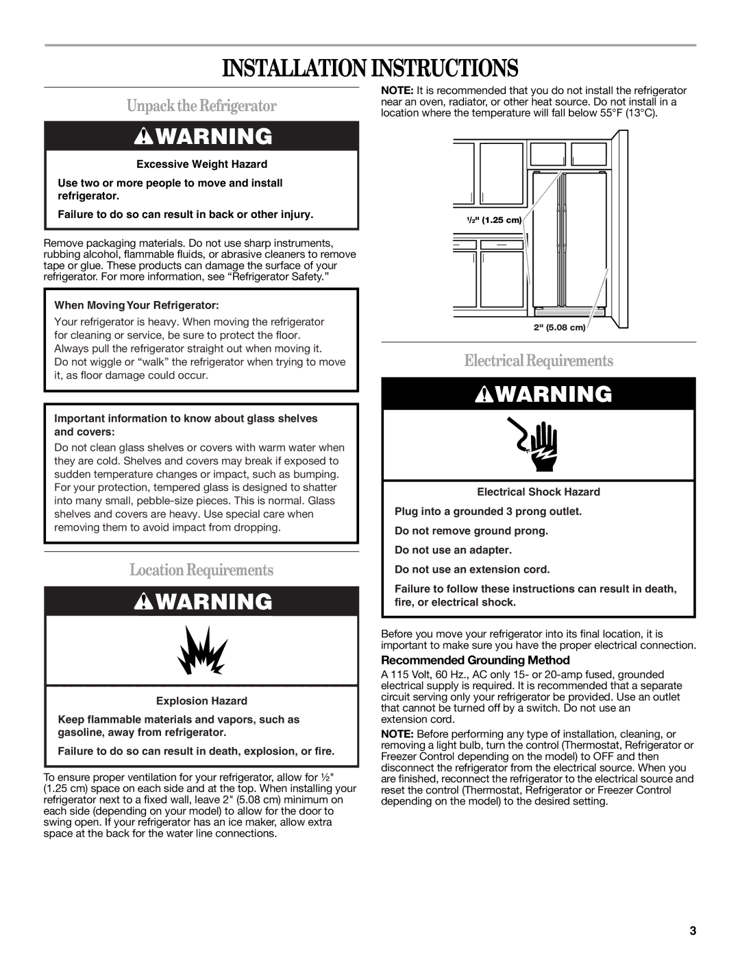 Whirlpool ED2SHAXML10 Installation Instructions, UnpacktheRefrigerator, LocationRequirements, Electrical Requirements 