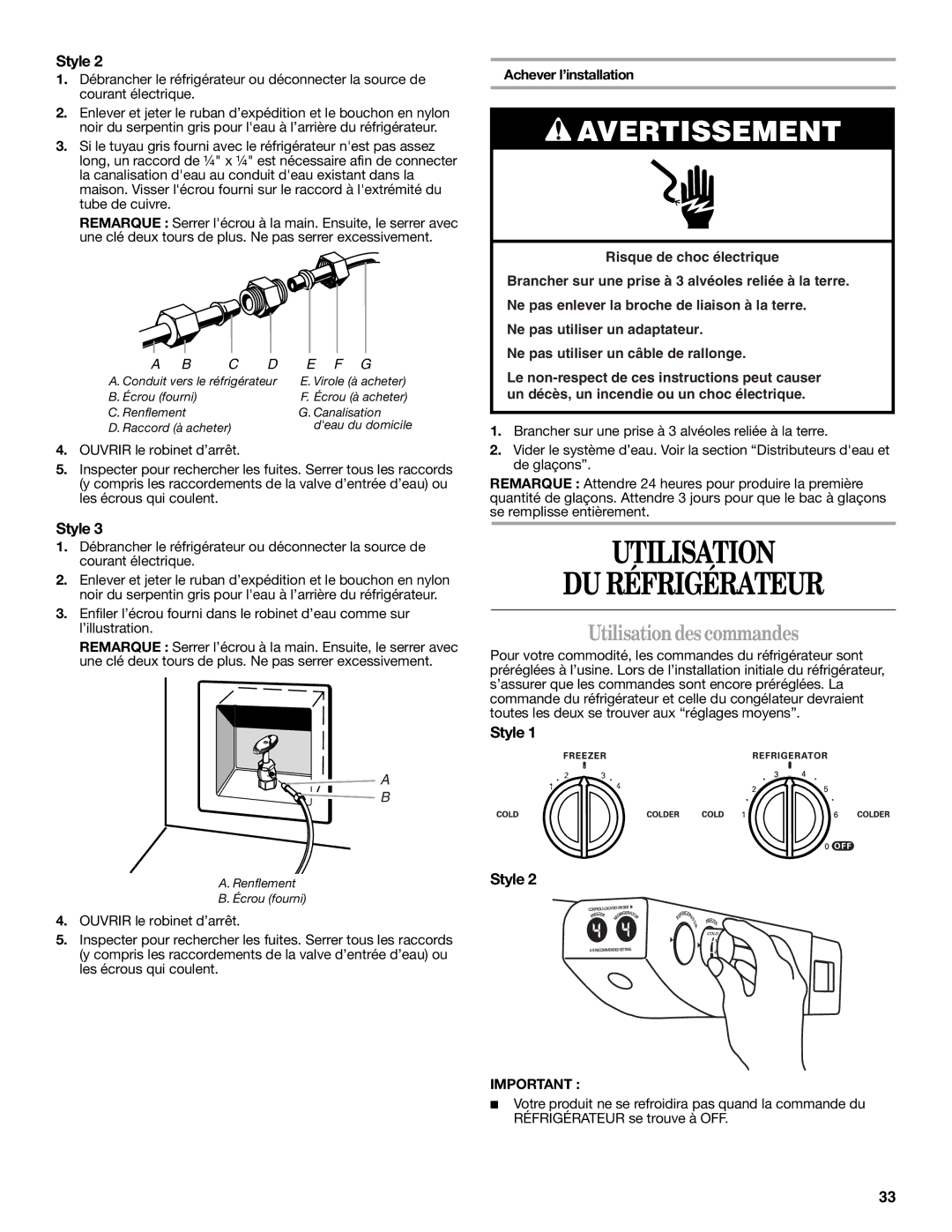 Whirlpool ED5NHGXRL01, ED2SHAXMB10 warranty Utilisation DU Réfrigérateur, Utilisationdes commandes, Achever l’installation 