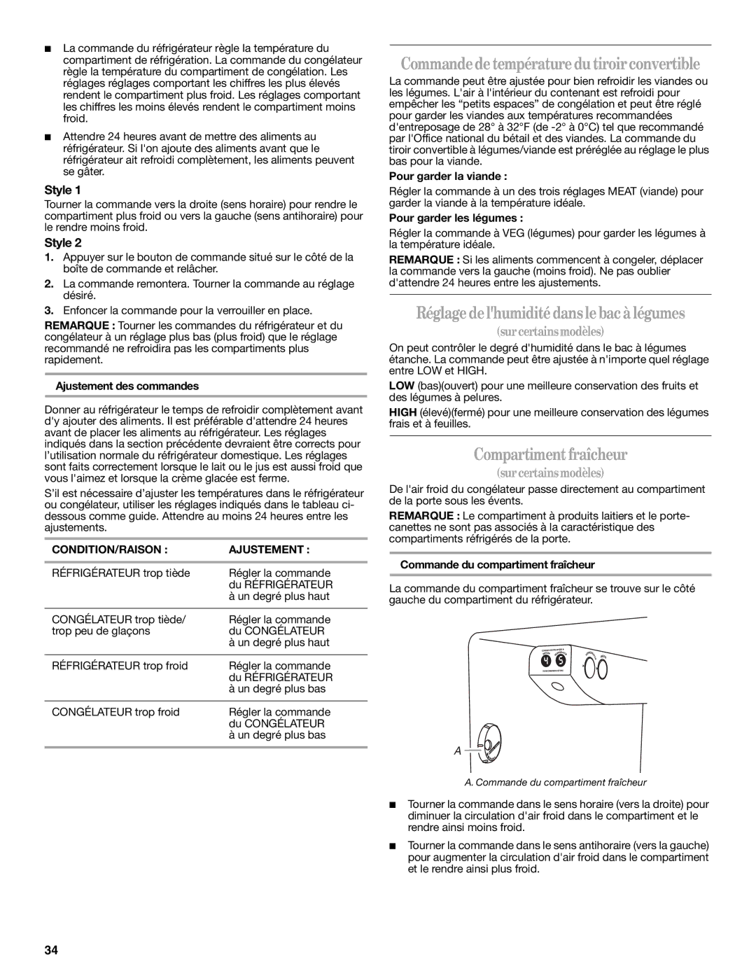 Whirlpool ED5NHGXRL00, ED2SHAXMB10 warranty Commandedetempératuredutiroirconvertible, Réglagedelhumiditédanslebacà légumes 