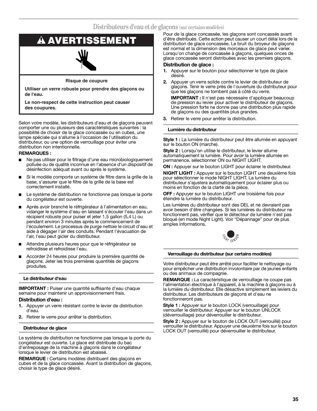 Whirlpool ED5NHGXNT00 warranty Distributeursdeau etdeglaçons sur certainsmodèles, Distribution deau, Distribution de glace 