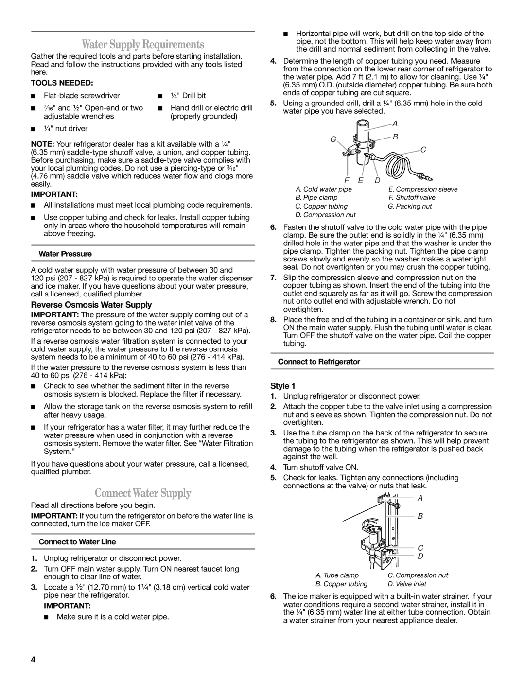 Whirlpool ED2JHGXRT01 Water Supply Requirements, ConnectWater Supply, Reverse Osmosis Water Supply, Style, Tools Needed 