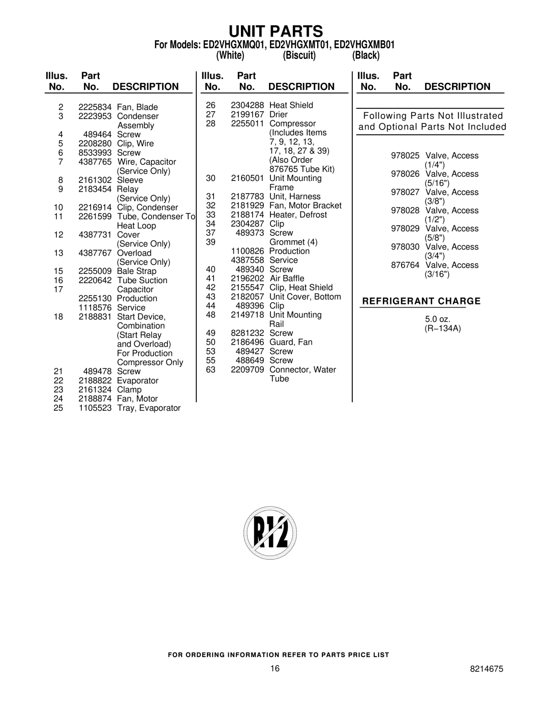 Whirlpool ED2VHGXMQ01, ED2VHGXMT01, ED2VHGXMB01 manual Refrigerant Charge 