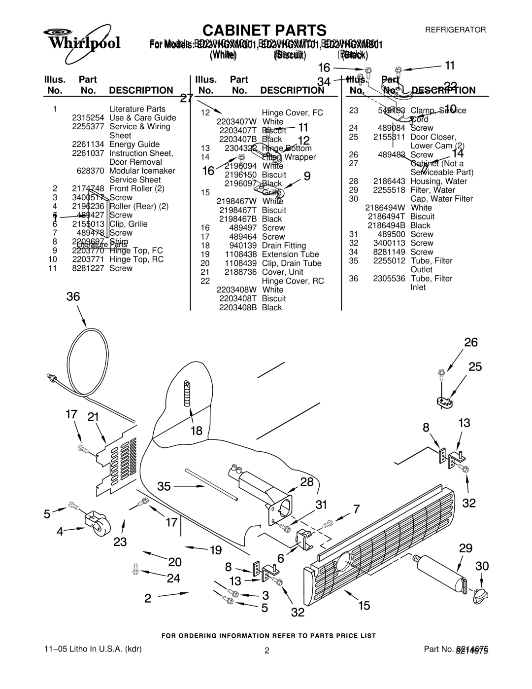 Whirlpool ED2VHGXMB01, ED2VHGXMT01, ED2VHGXMQ01 manual Illus. Part No. No. Description 