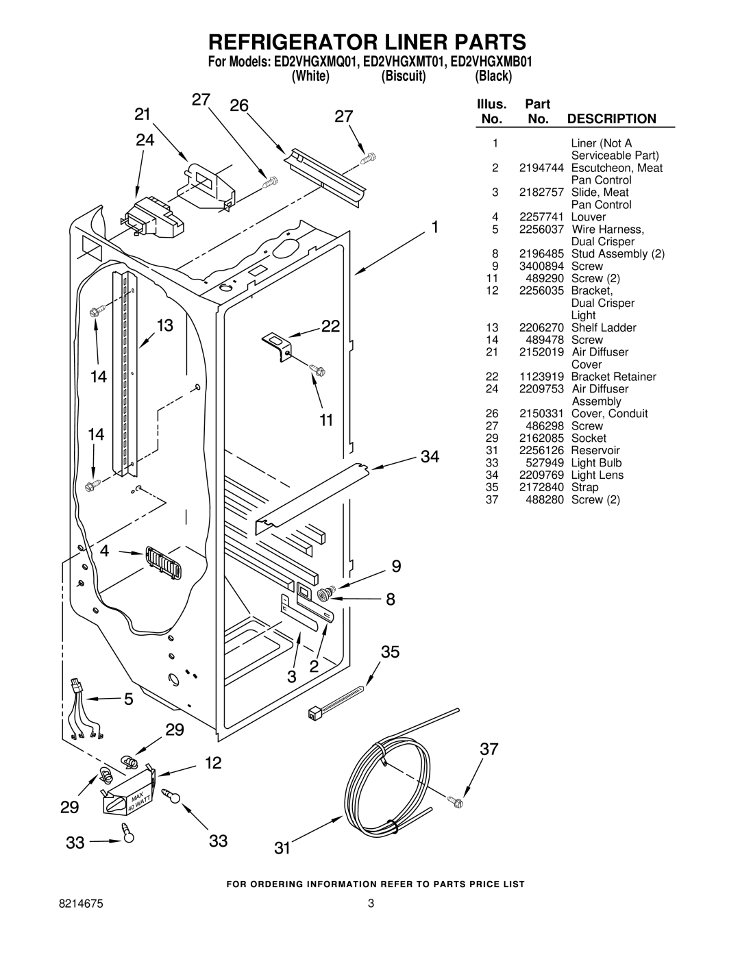 Whirlpool ED2VHGXMT01, ED2VHGXMQ01, ED2VHGXMB01 manual Refrigerator Liner Parts, Description 