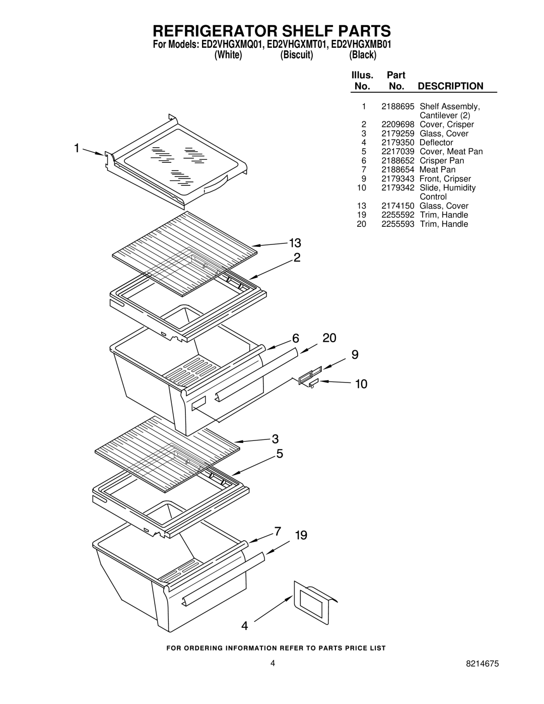 Whirlpool ED2VHGXMQ01, ED2VHGXMT01, ED2VHGXMB01 manual Refrigerator Shelf Parts 