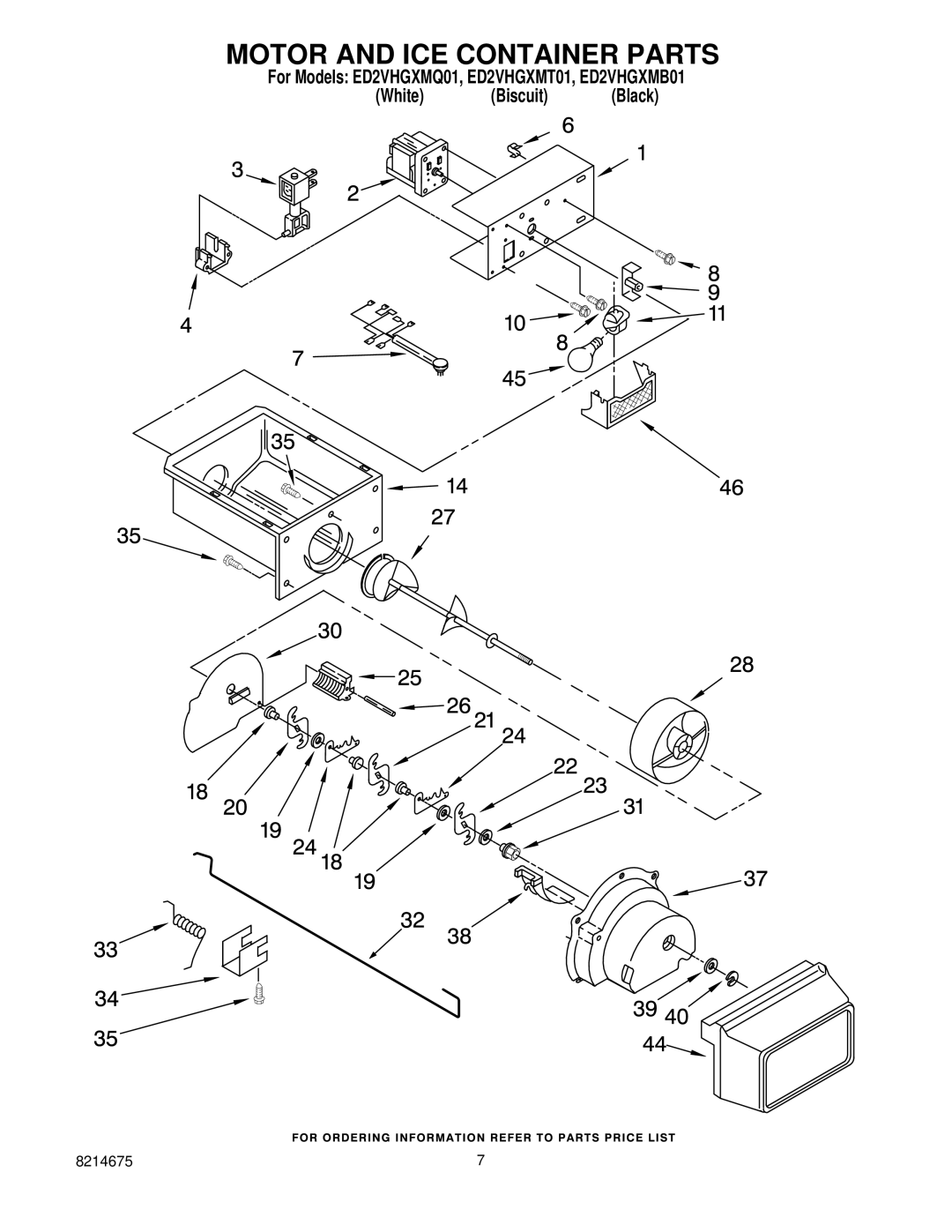 Whirlpool ED2VHGXMQ01, ED2VHGXMT01, ED2VHGXMB01 manual Motor and ICE Container Parts 