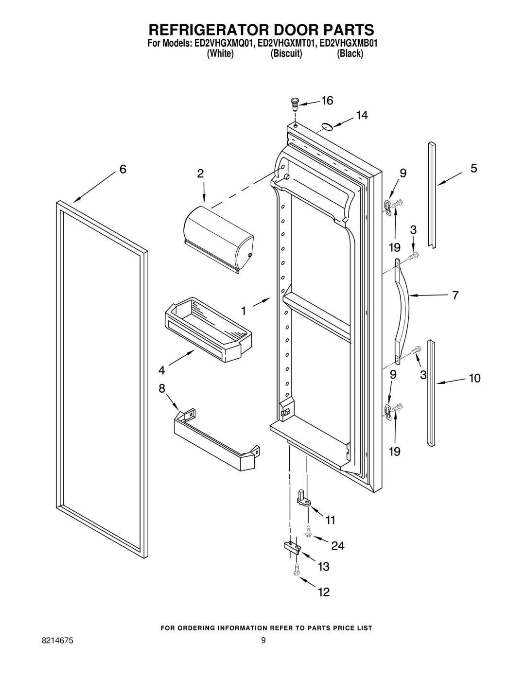 Whirlpool ED2VHGXMT01, ED2VHGXMQ01, ED2VHGXMB01 manual Refrigerator Door Parts 