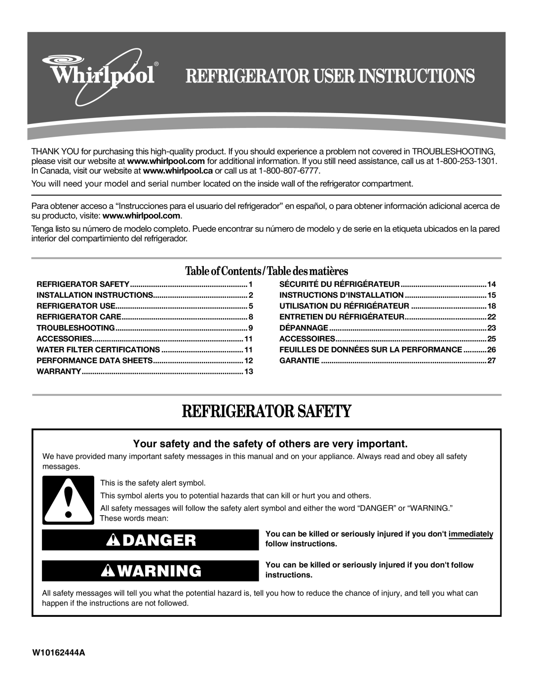 Whirlpool ED5FHAXV installation instructions Refrigerator User Instructions, Refrigerator Safety 