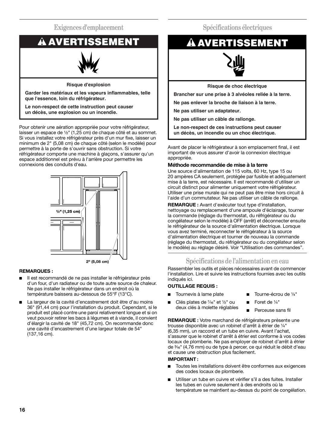 Whirlpool ED5FHAXV Exigences demplacement, Spécifications électriques, Spécifications del’alimentationen eau 