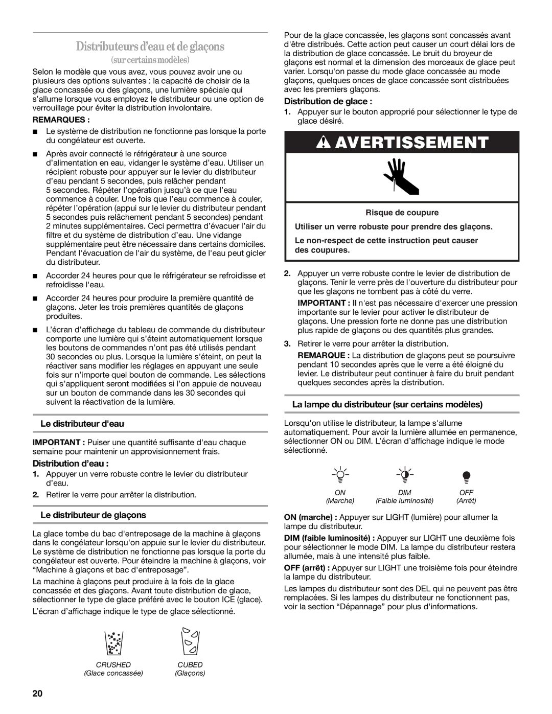 Whirlpool ED5FHAXV installation instructions Distributeurs d’eau et deglaçons 