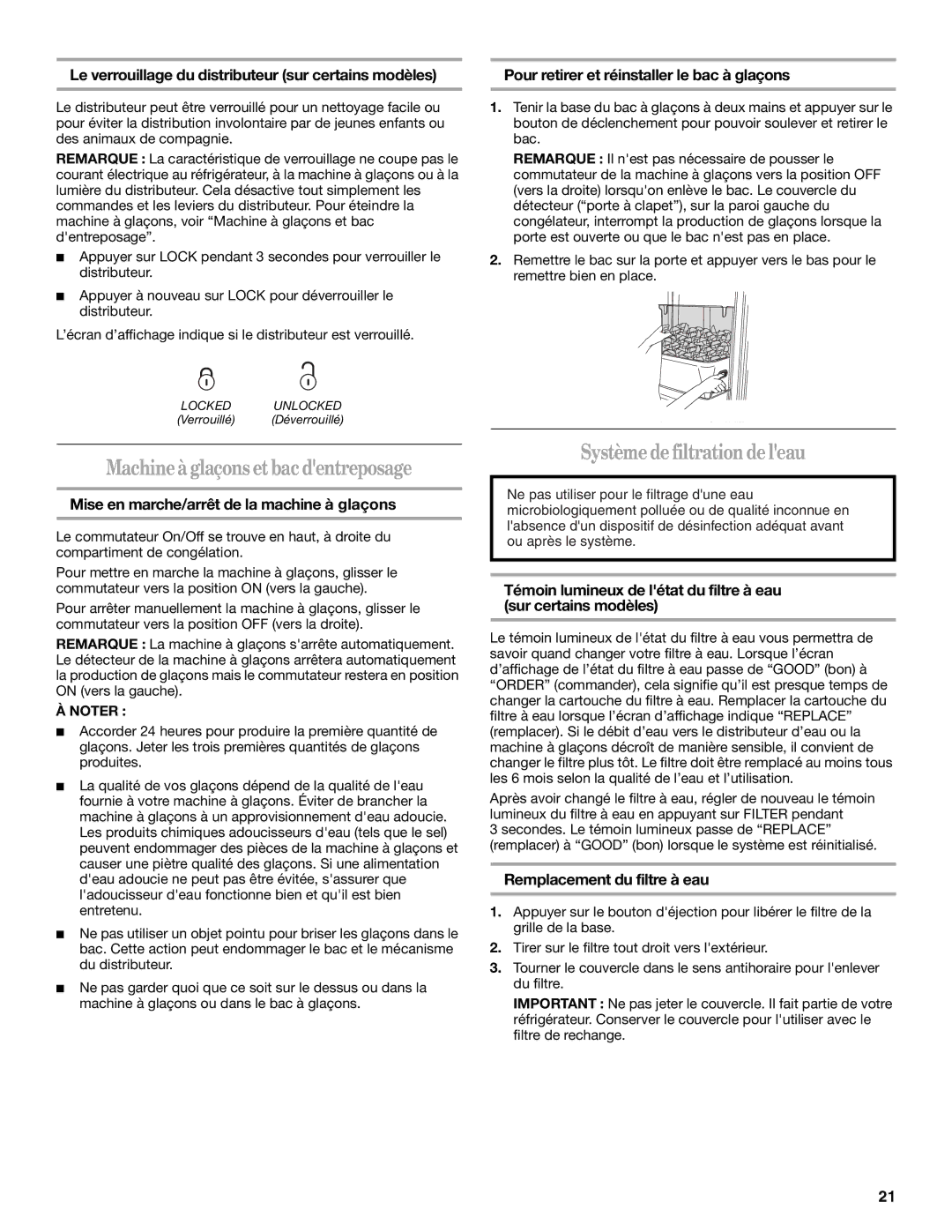 Whirlpool ED5FHAXV installation instructions Machine à glaçons et bac dentreposage, Système defiltrationde leau 