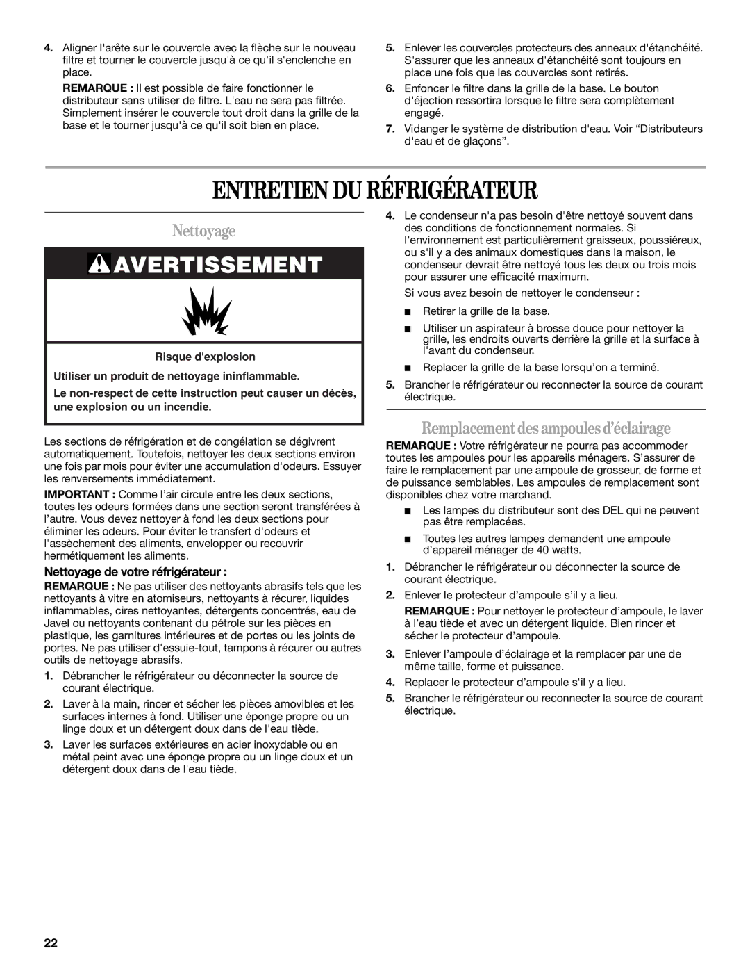 Whirlpool ED5FHAXV installation instructions Entretien DU Réfrigérateur, Nettoyage, Remplacement des ampoules d’éclairage 