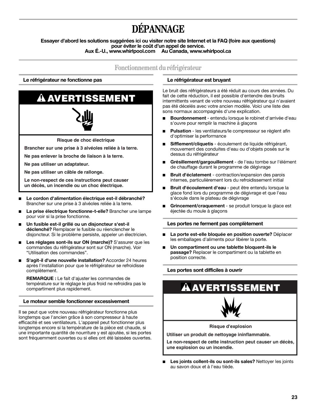 Whirlpool ED5FHAXV installation instructions Dépannage, Fonctionnement du réfrigérateur 