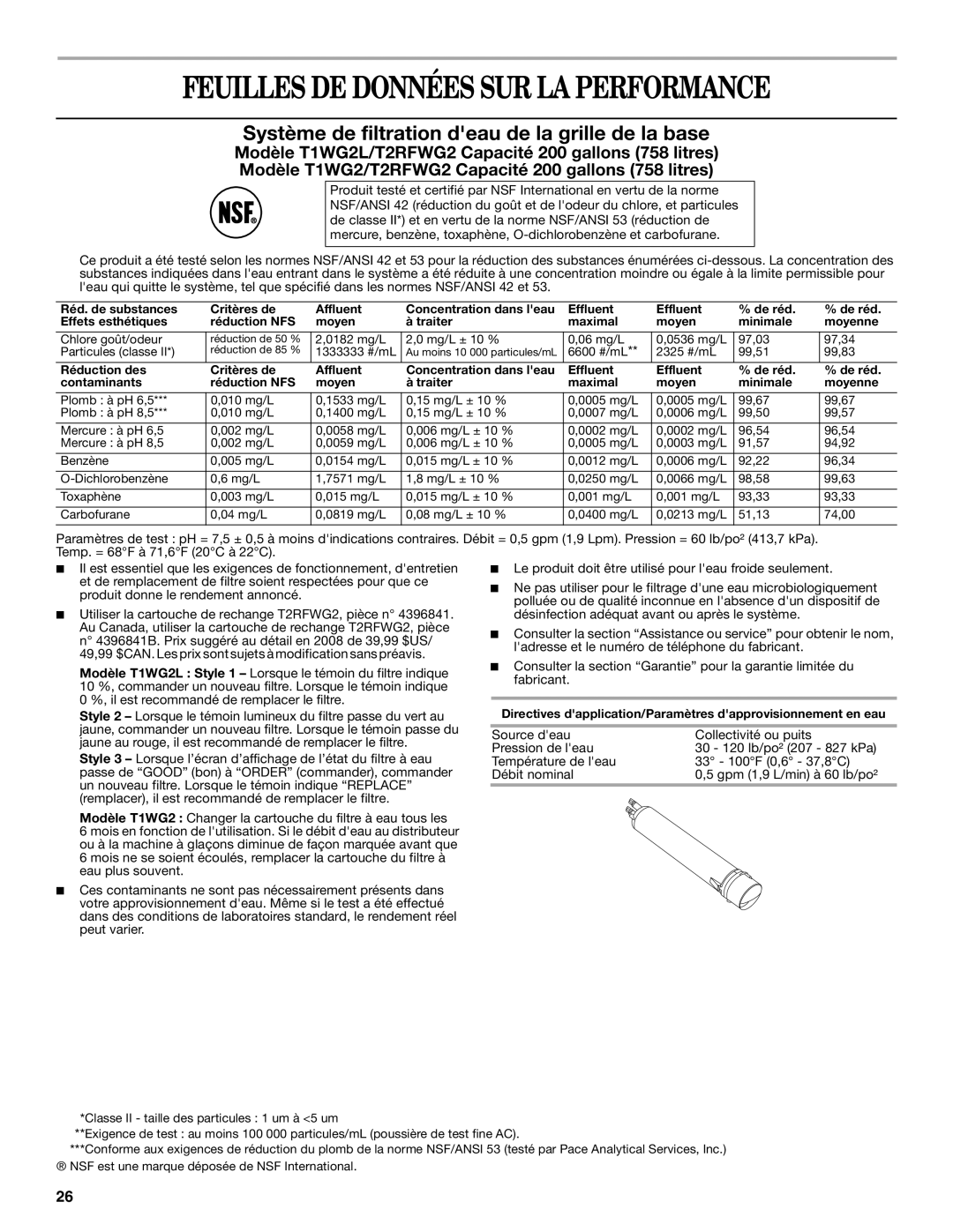 Whirlpool ED5FHAXV Feuilles DE Données SUR LA Performance, Système de filtration deau de la grille de la base 