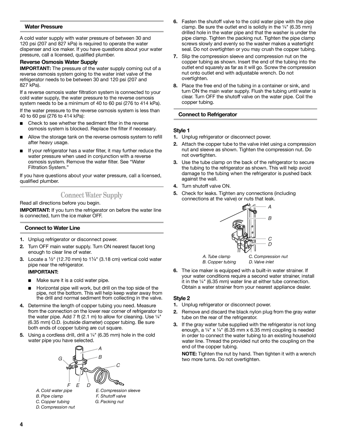 Whirlpool ED5FHAXV Connect Water Supply, Water Pressure, Reverse Osmosis Water Supply, Connect to Water Line 