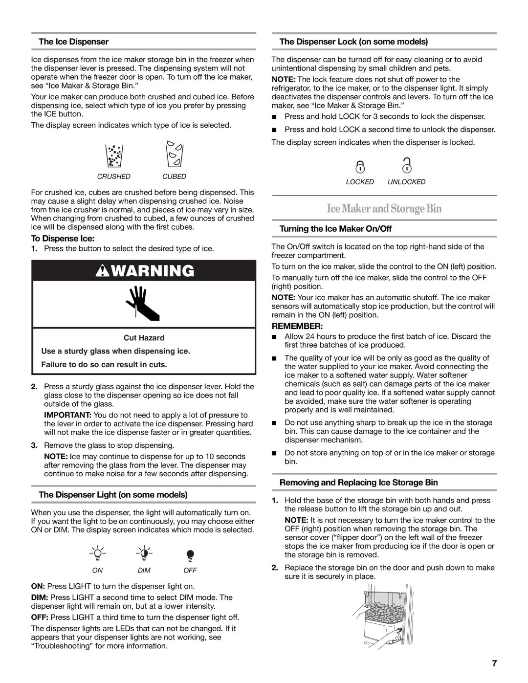 Whirlpool ED5FHAXV installation instructions Ice Maker and Storage Bin 