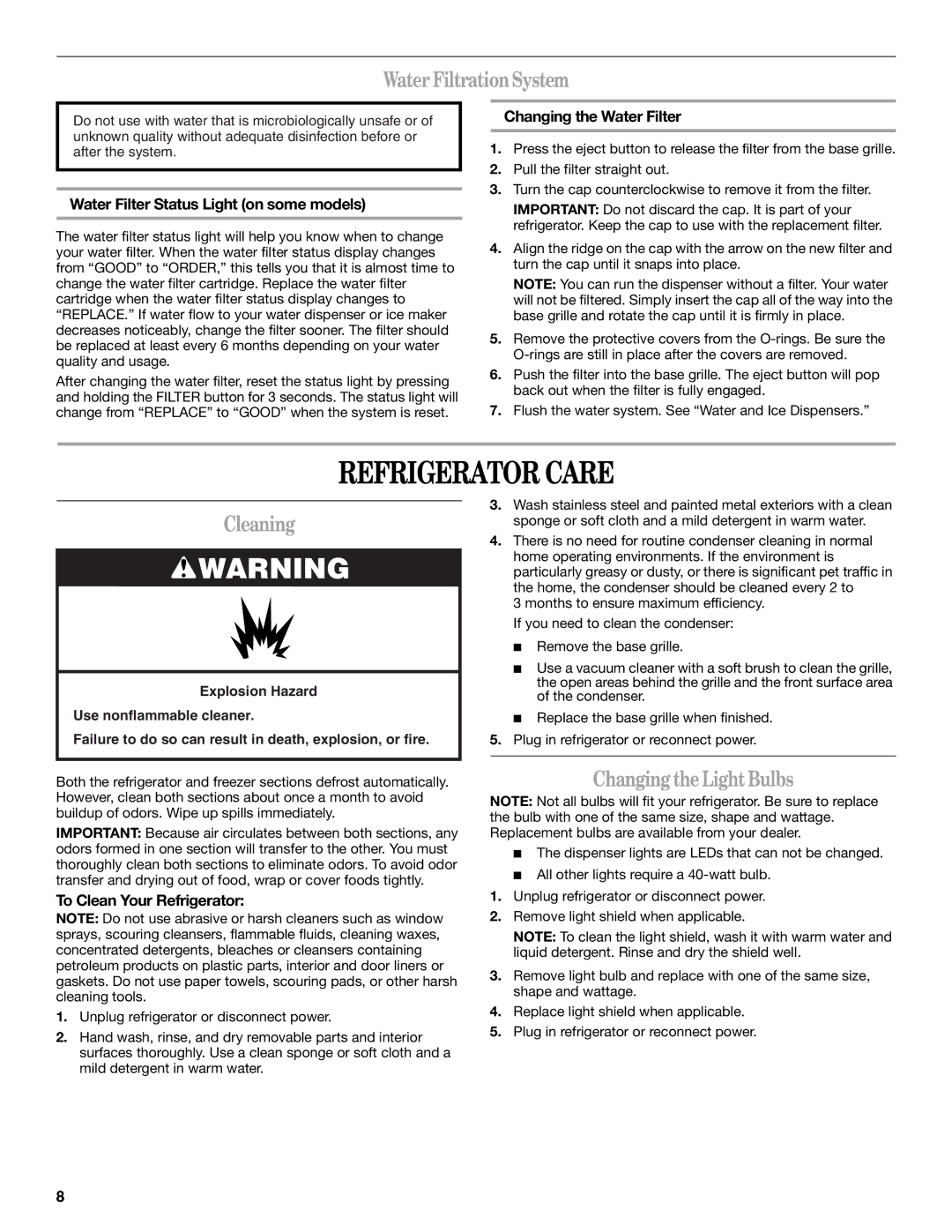 Whirlpool ED5FHAXV installation instructions Refrigerator Care, Water FiltrationSystem, Cleaning, Changing the Light Bulbs 