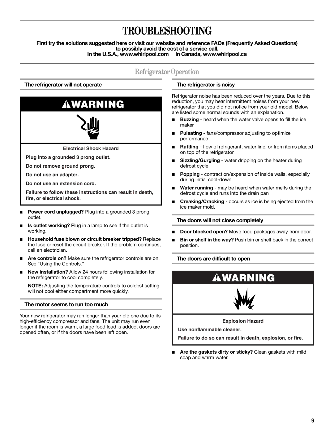 Whirlpool ED5FHAXV installation instructions Troubleshooting, Refrigerator Operation 