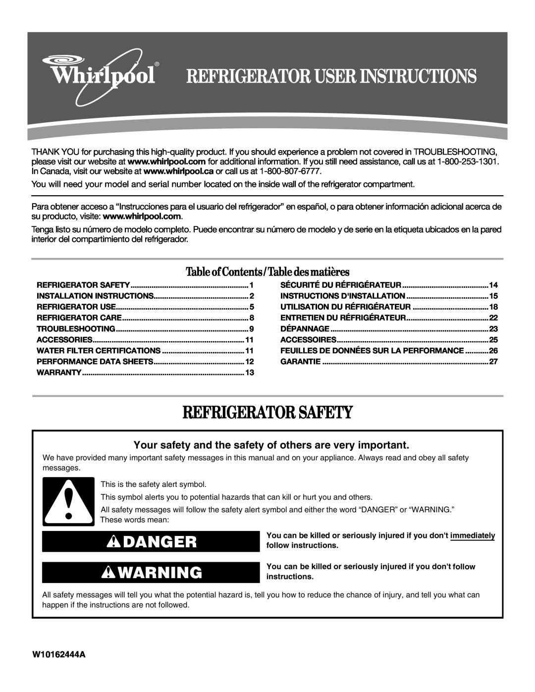 Whirlpool ED5FHAXV installation instructions Refrigerator Safety, Danger, Table of Contents / Table desmatières 