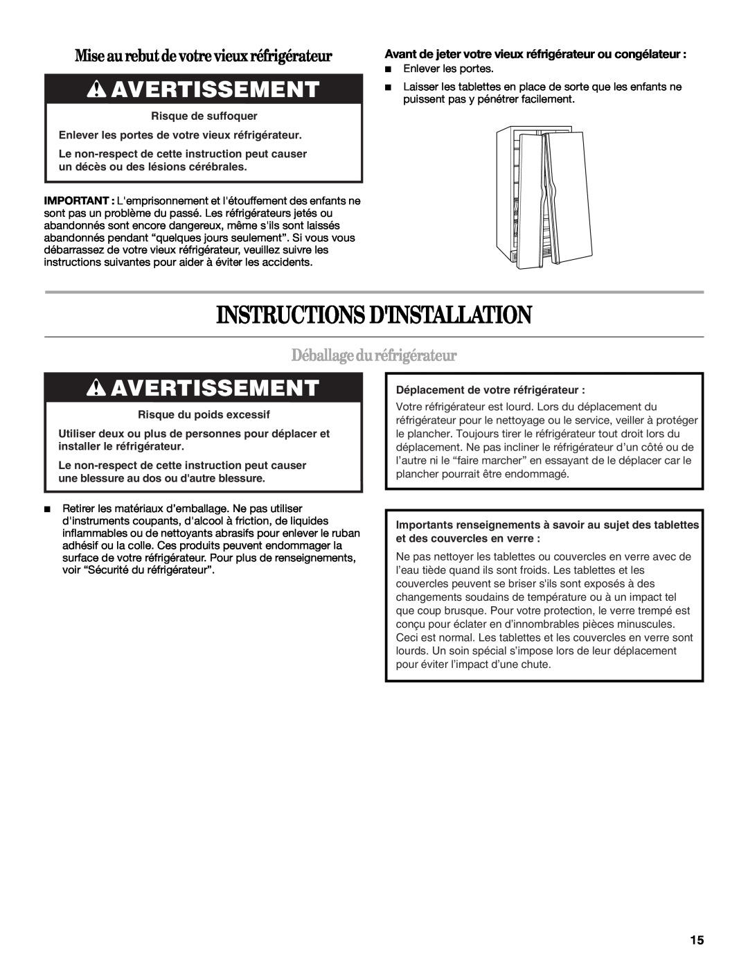 Whirlpool ED5FHAXV Instructions Dinstallation, Avertissement, Mise au rebutde votre vieux réfrigérateur 