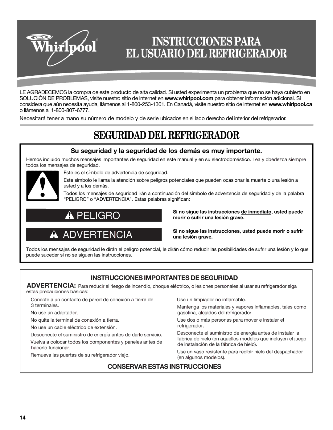 Whirlpool ED5FHAXVS installation instructions Seguridad DEL Refrigerador, EL Usuario DEL Refrigerador 