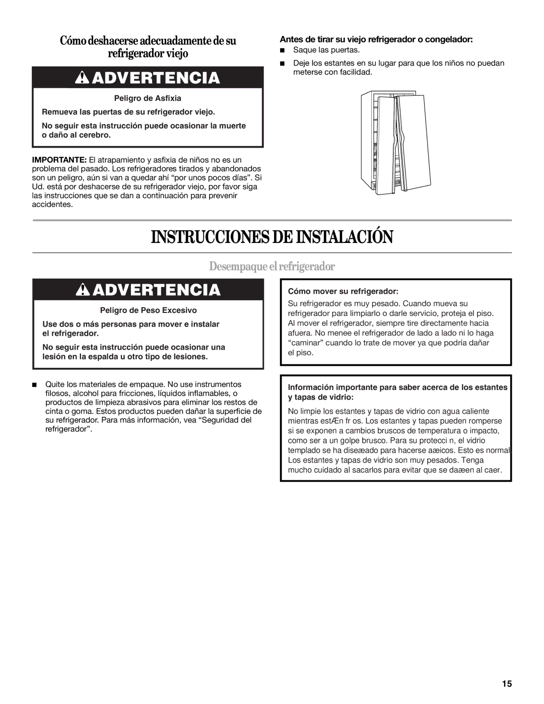 Whirlpool ED5FHAXVS installation instructions Instrucciones DE Instalación, Desempaque el refrigerador 