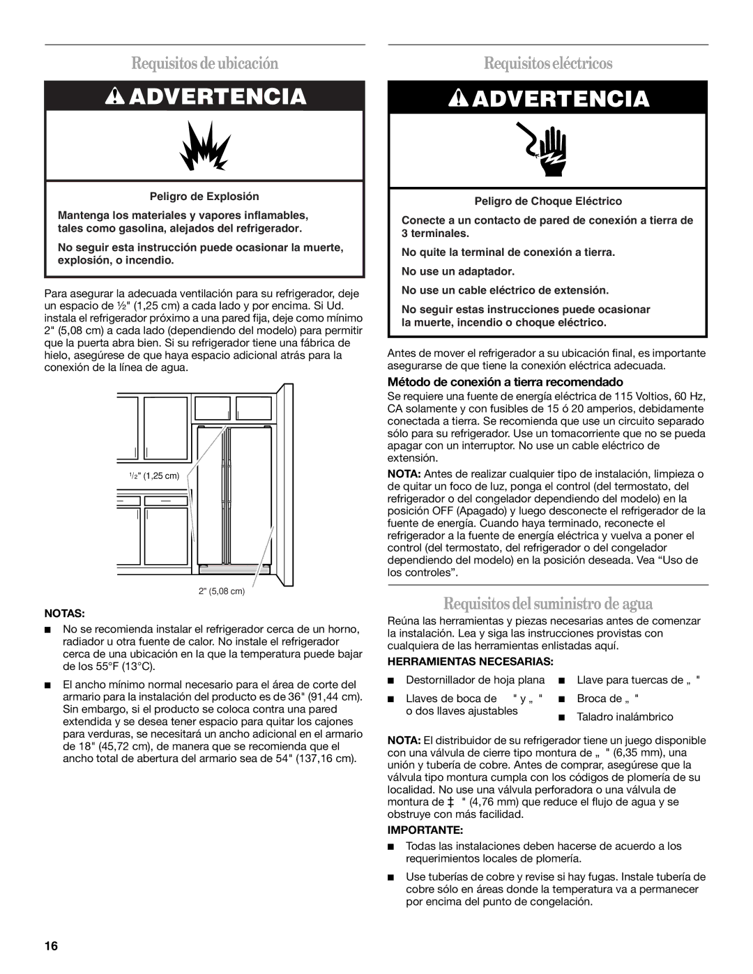 Whirlpool ED5FHAXVS Requisitos de ubicación, Requisitos eléctricos, Requisitos del suministro de agua 