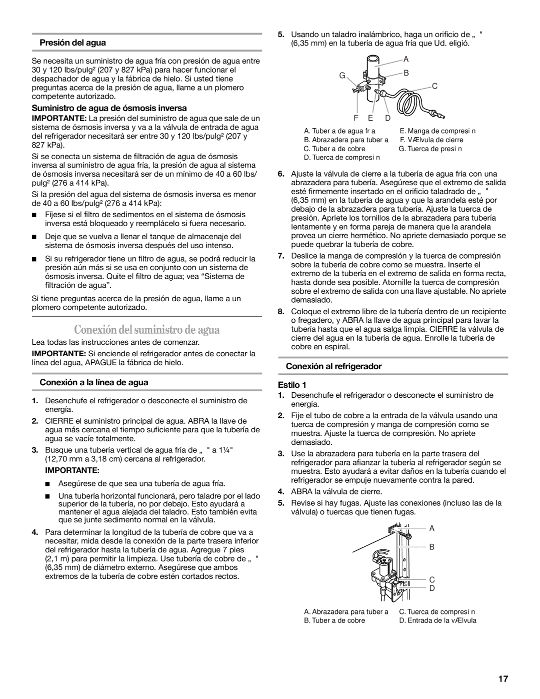 Whirlpool ED5FHAXVS Conexióndel suministro de agua, Presión del agua, Suministro de agua de ósmosis inversa 