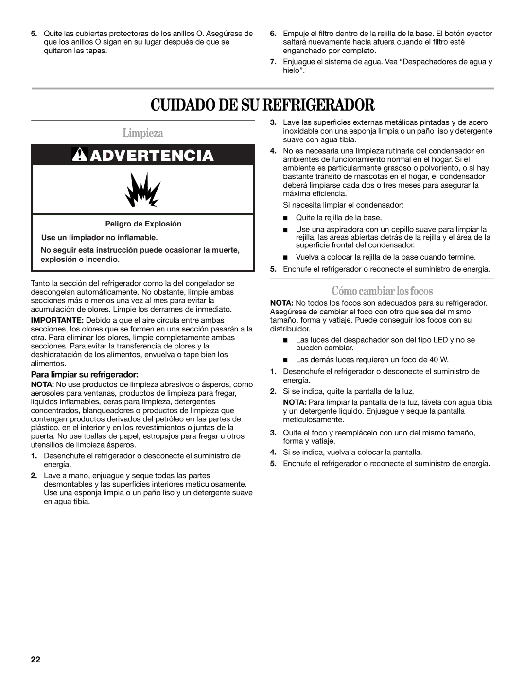 Whirlpool ED5FHAXVS Cuidado DE SU Refrigerador, Limpieza, Cómo cambiar los focos, Para limpiar su refrigerador 