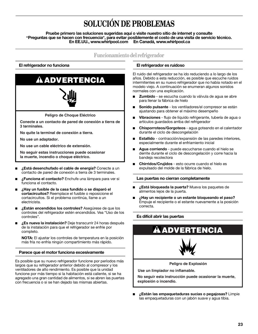 Whirlpool ED5FHAXVS installation instructions Solución DE Problemas, Funcionamiento delrefrigerador 