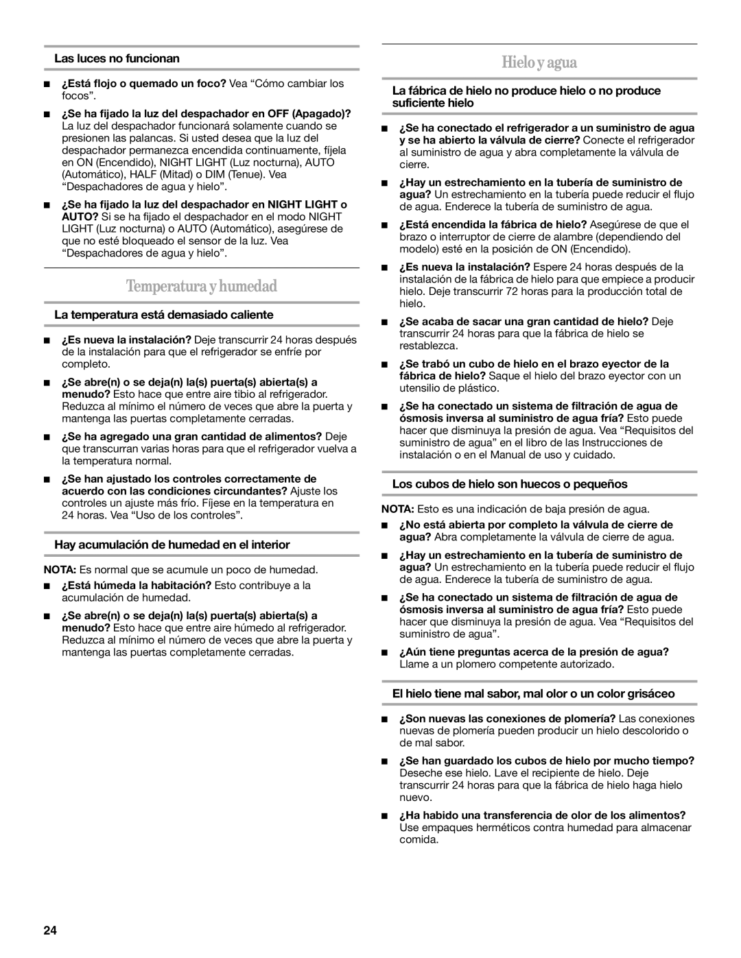 Whirlpool ED5FHAXVS installation instructions Temperatura y humedad, Hielo y agua 