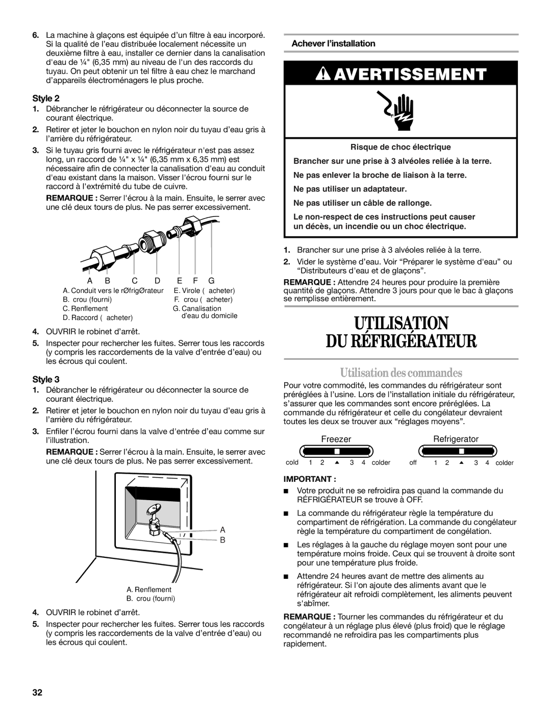 Whirlpool ED5FHAXVS Utilisation DU Réfrigérateur, Utilisation des commandes, Achever l’installation 