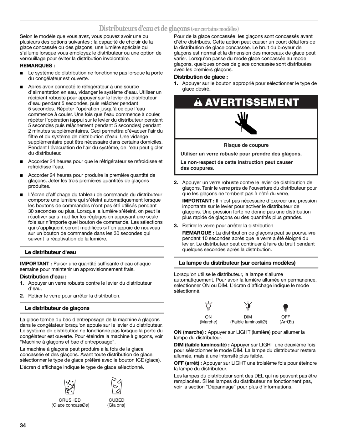 Whirlpool ED5FHAXVS installation instructions Distributeurs d’eau et de glaçons sur certainsmodèles 