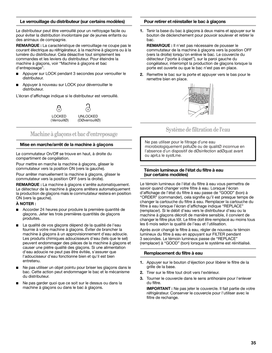 Whirlpool ED5FHAXVS installation instructions Machine à glaçons et bac dentreposage, Système defiltrationde leau 