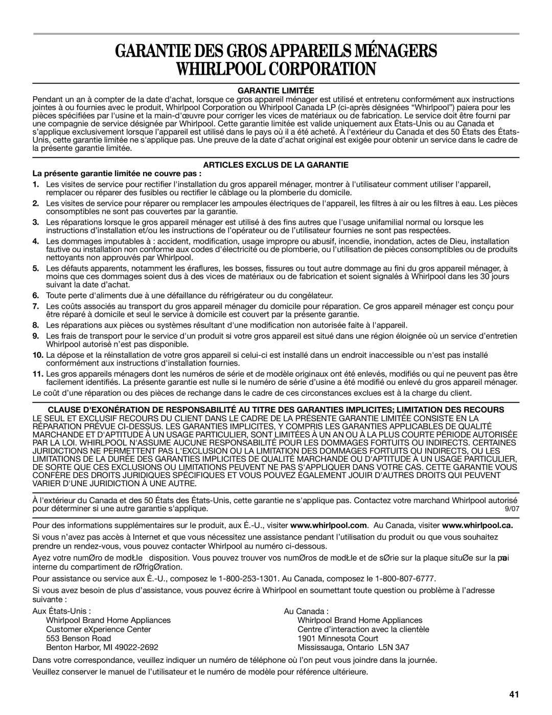 Whirlpool ED5FHAXVS installation instructions Garantie DES Gros Appareils Ménagers Whirlpool Corporation, Garantie Limitée 