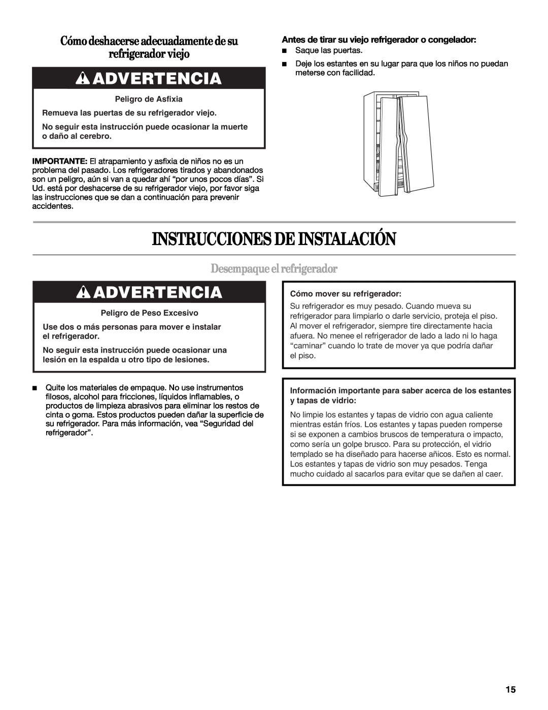 Whirlpool ED5FHAXVS Instrucciones De Instalación, Advertencia, Cómo deshacerse adecuadamente de su, refrigerador viejo 