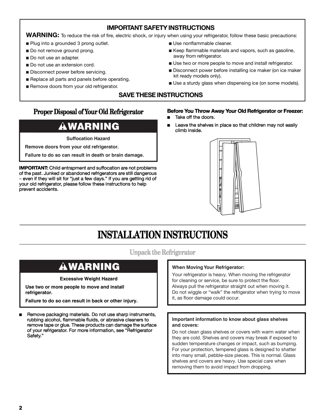 Whirlpool ED5FHAXVS Installation Instructions, Unpack the Refrigerator, Important Safety Instructions, Suffocation Hazard 