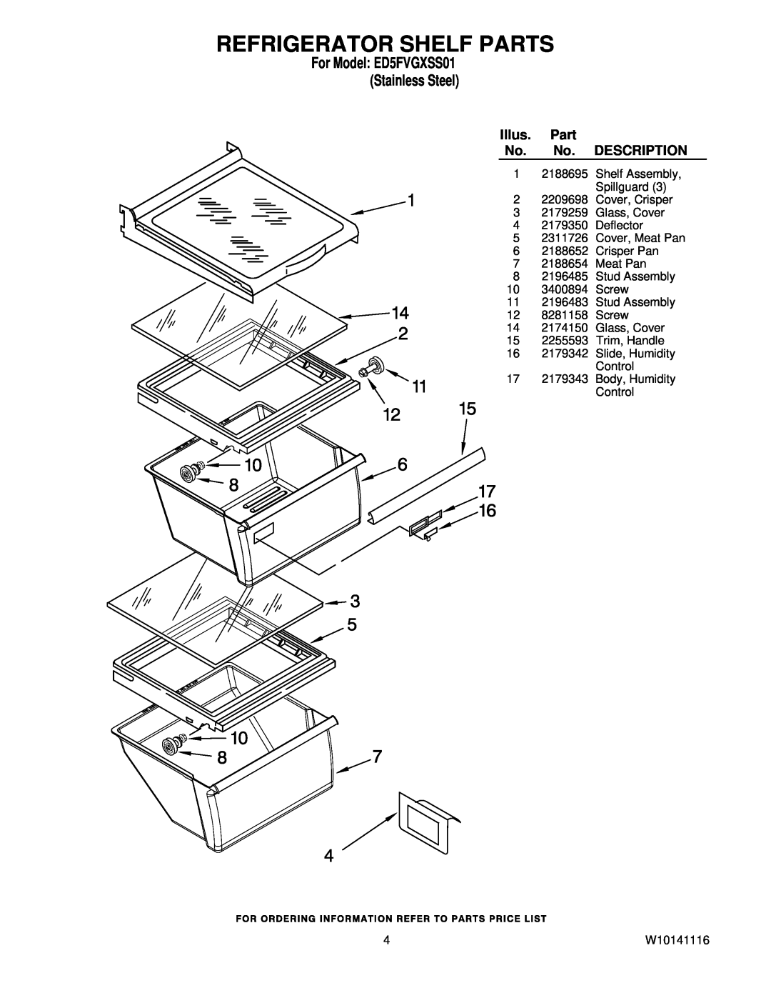 Whirlpool manual Refrigerator Shelf Parts, For Model ED5FVGXSS01 Stainless Steel, Illus, Description 