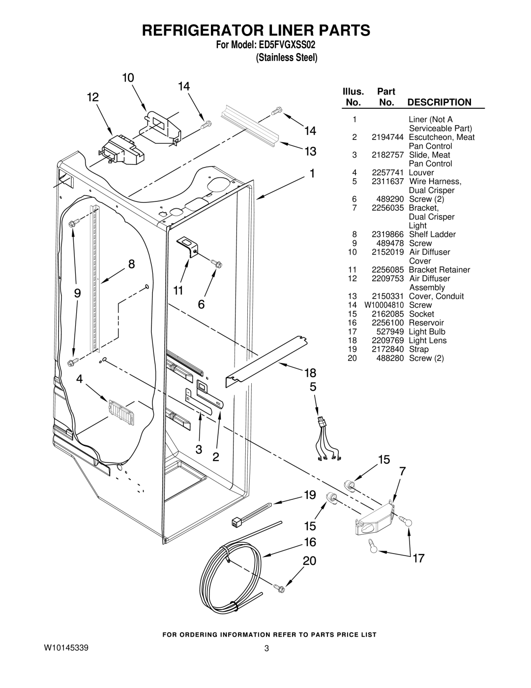 Whirlpool manual Refrigerator Liner Parts, For Model ED5FVGXSS02 Stainless Steel 