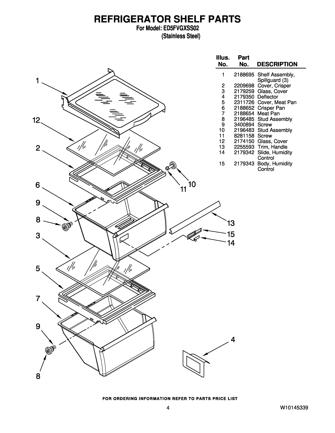 Whirlpool manual Refrigerator Shelf Parts, For Model ED5FVGXSS02 Stainless Steel, Illus, Description 