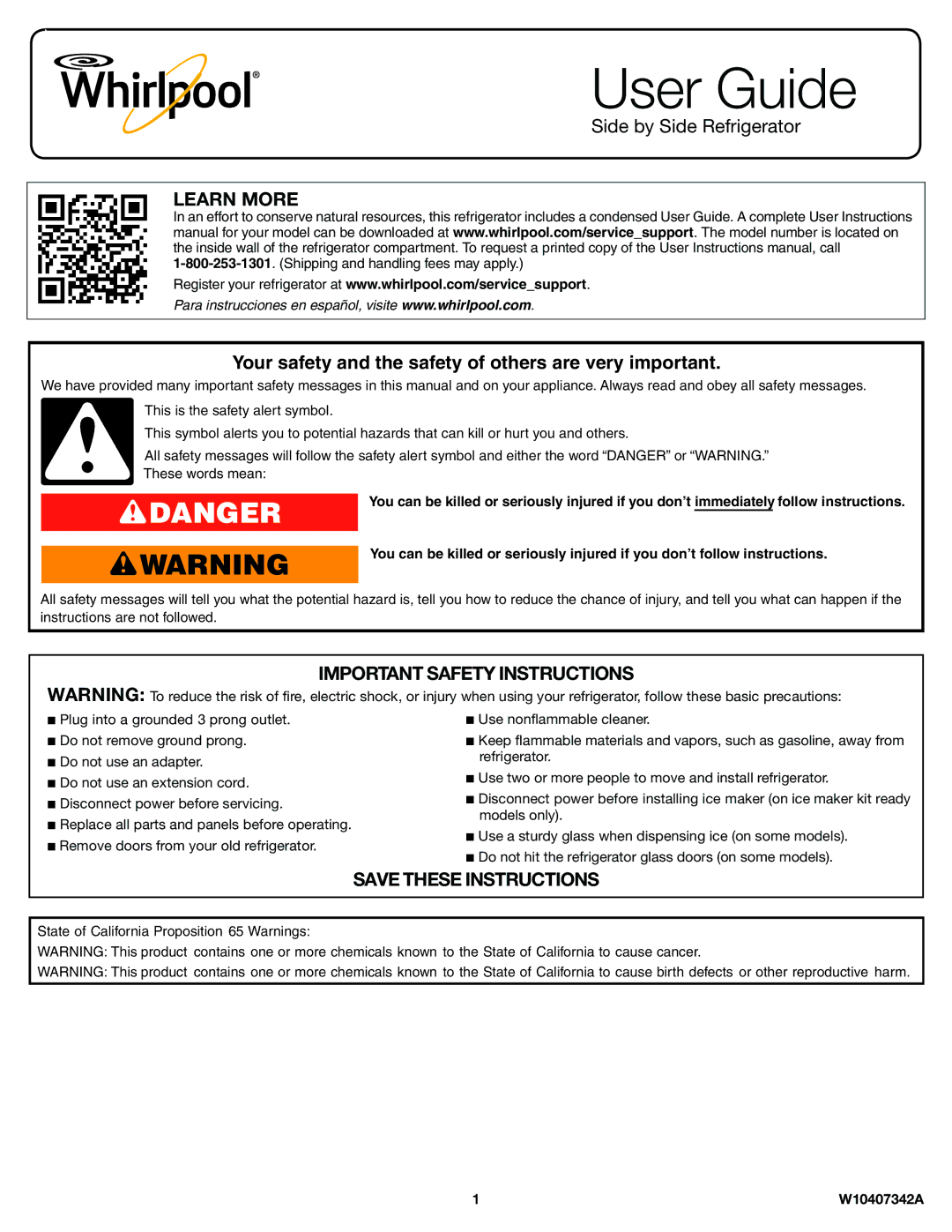 Whirlpool W10407342A1, ED5FVGXWS important safety instructions User Guide 