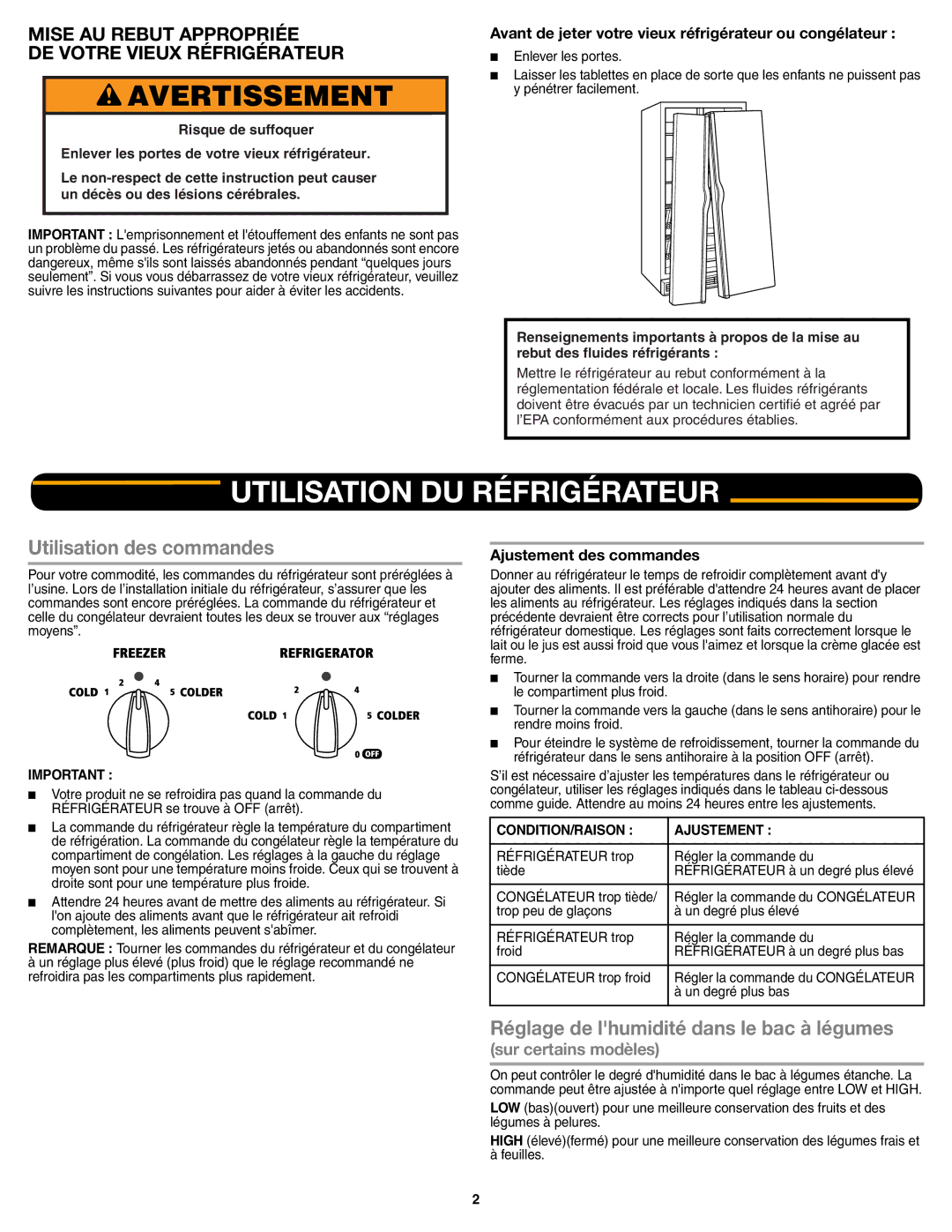 Whirlpool ED5FVGXWS Utilisation DU Réfrigérateur, Utilisation des commandes, Réglage de lhumidité dans le bac à légumes 