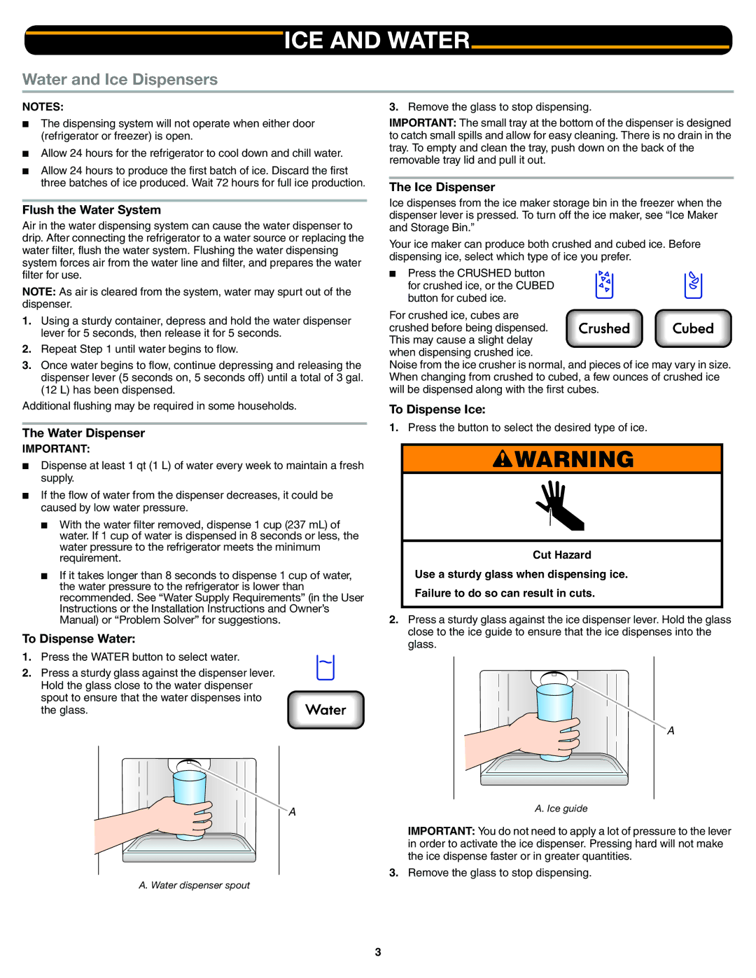 Whirlpool W10407342A1, ED5FVGXWS important safety instructions ICE and Water, Water and Ice Dispensers 